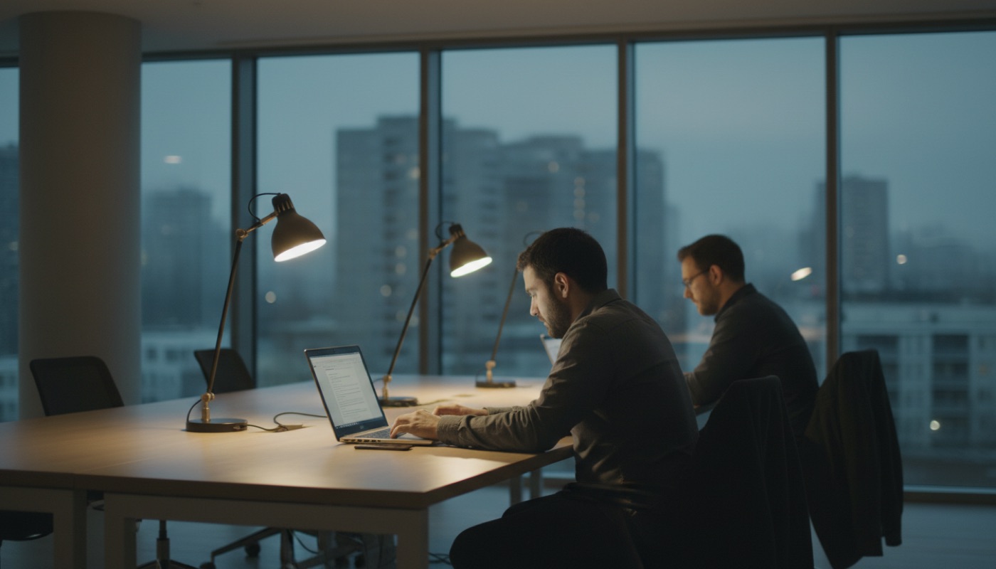 Two engineers working at a long desk by a window at dusk.
